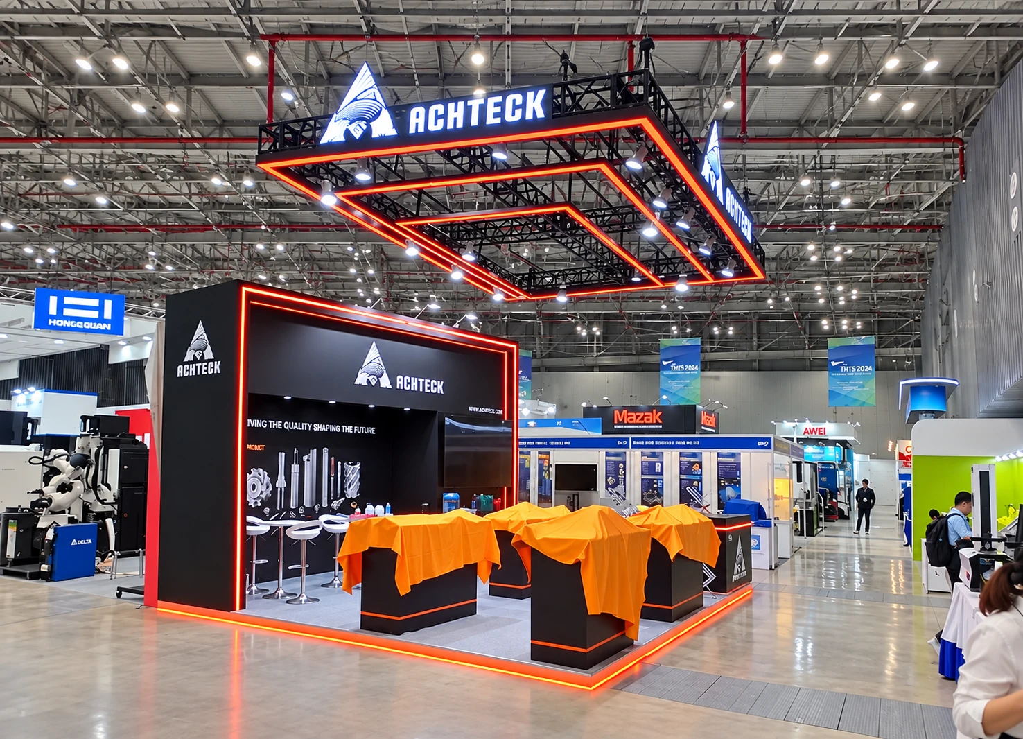 Black ACHTECK exhibition booth with a suspended square lighting frame and orange illuminated edges
