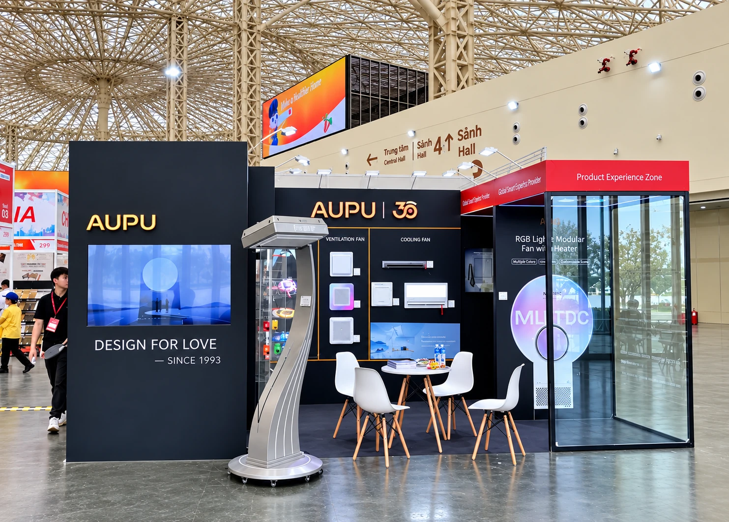 Black AUPU exhibition booth with illuminated brand signage, product panels and white visitor chairs